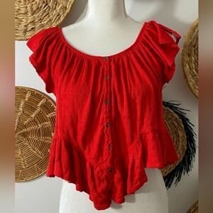Free People Red Off Shoulder Oversized Button Up Cropped Shirt Blouse XS
